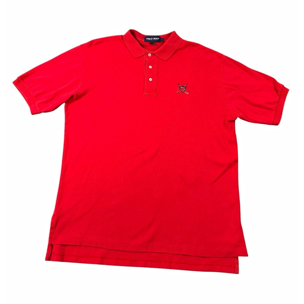 Vintage 90s Polo Golf Ralph Lauren Mens L Red Crest Polo Shirt Made USA